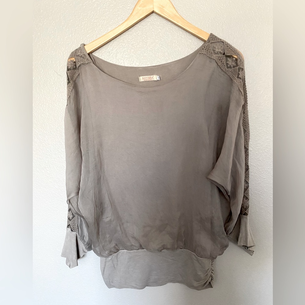 Keysha Silk Blouse with Dolman sleeves and Lace Detail. Size Small.